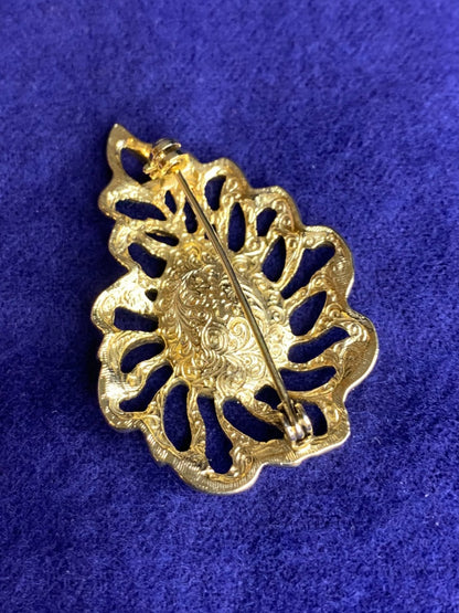 Goldtone Filigree Vintage Brooch White Stone 2.6 Inch