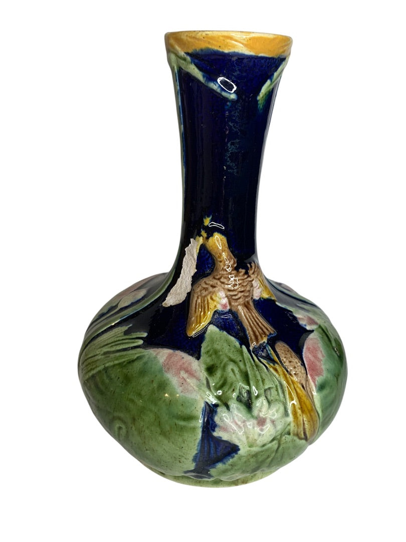 Antique Majolica Hummingbird Vase 8.5 Inch Cobalt Chips