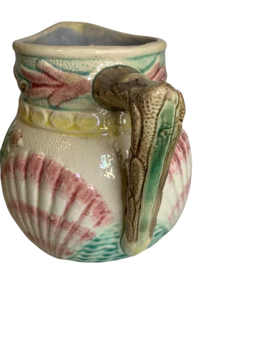 Antique 1880s Majolica Seashell Shell Seaweed Pitcher Pastel 6.5 Inch