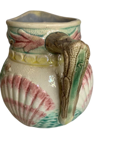 Antique 1880s Majolica Seashell Shell Seaweed Pitcher Pastel 6.5 Inch