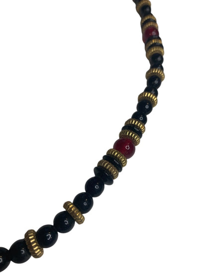 Vintage 23 Inch Beaded Necklace Red Black Goldtone Spacer Barrel Clasp
