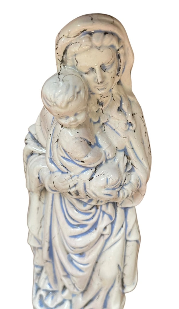 Vintage Madonna Baby Jesus Ceramic Figurine Artistic Glaze Blue Black 13.5 Inch