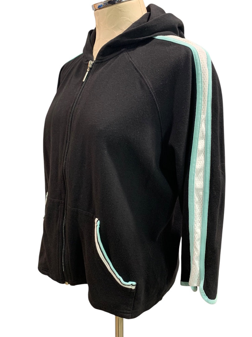 XL Gloria Vanderbilt Sport Womens Black Hoodie Shirt Full Zip Retro Trim