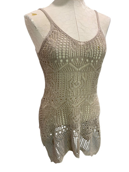 Small Womens Tan Crochet Open Weave Tank Sleeveless Shirt Boho Style