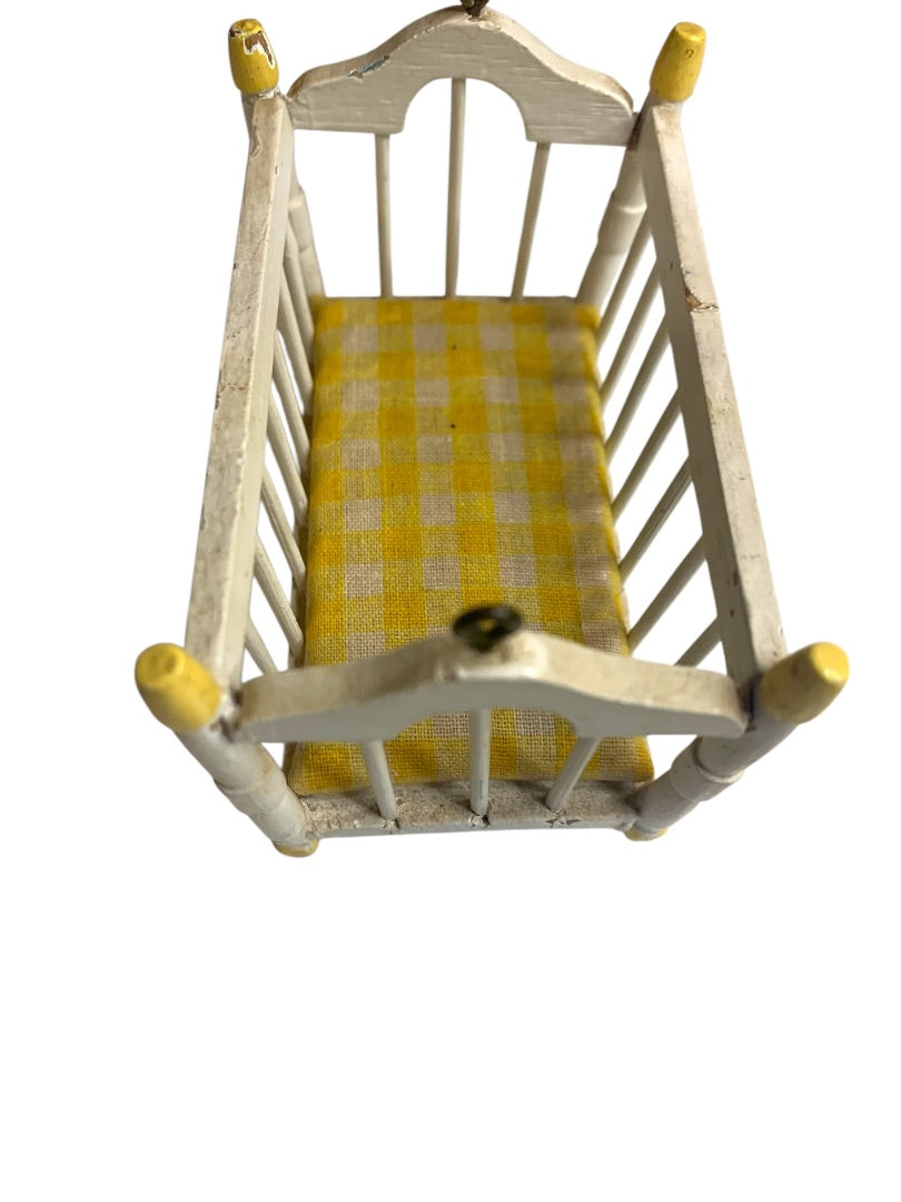 Vintage Wooden Miniature Baby Crib White Yellow 1:12