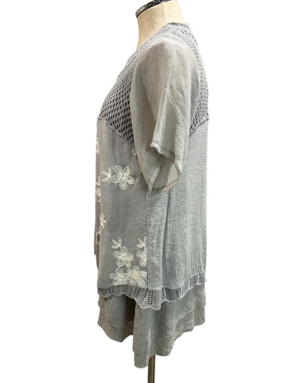 XL Simply Couture Womens Gray Peasant Style Pullover Shirt Flowy Embroidered