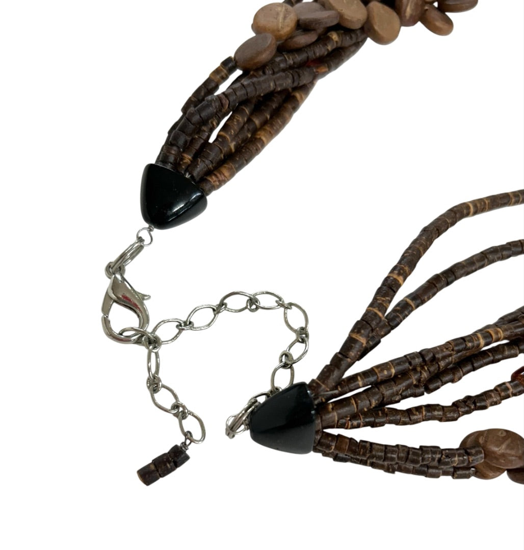 Wooden Boho Statement Necklace Multistrand Twist 18-22 Inch