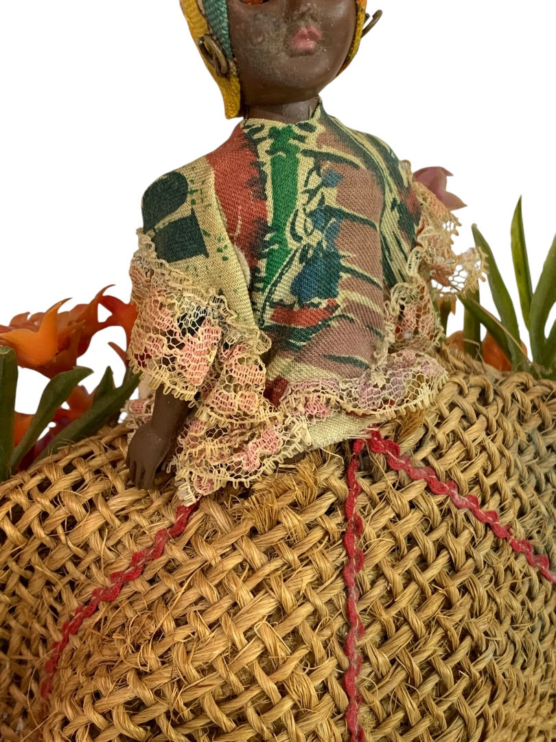 Vintage Souvenir Bahamas Doll Wicker Fruit Basket 12 Inch