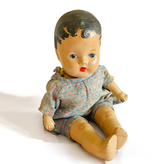 1940s Composition Baby Doll Soft Body Brown Hair Blue Eyes 16 Inch