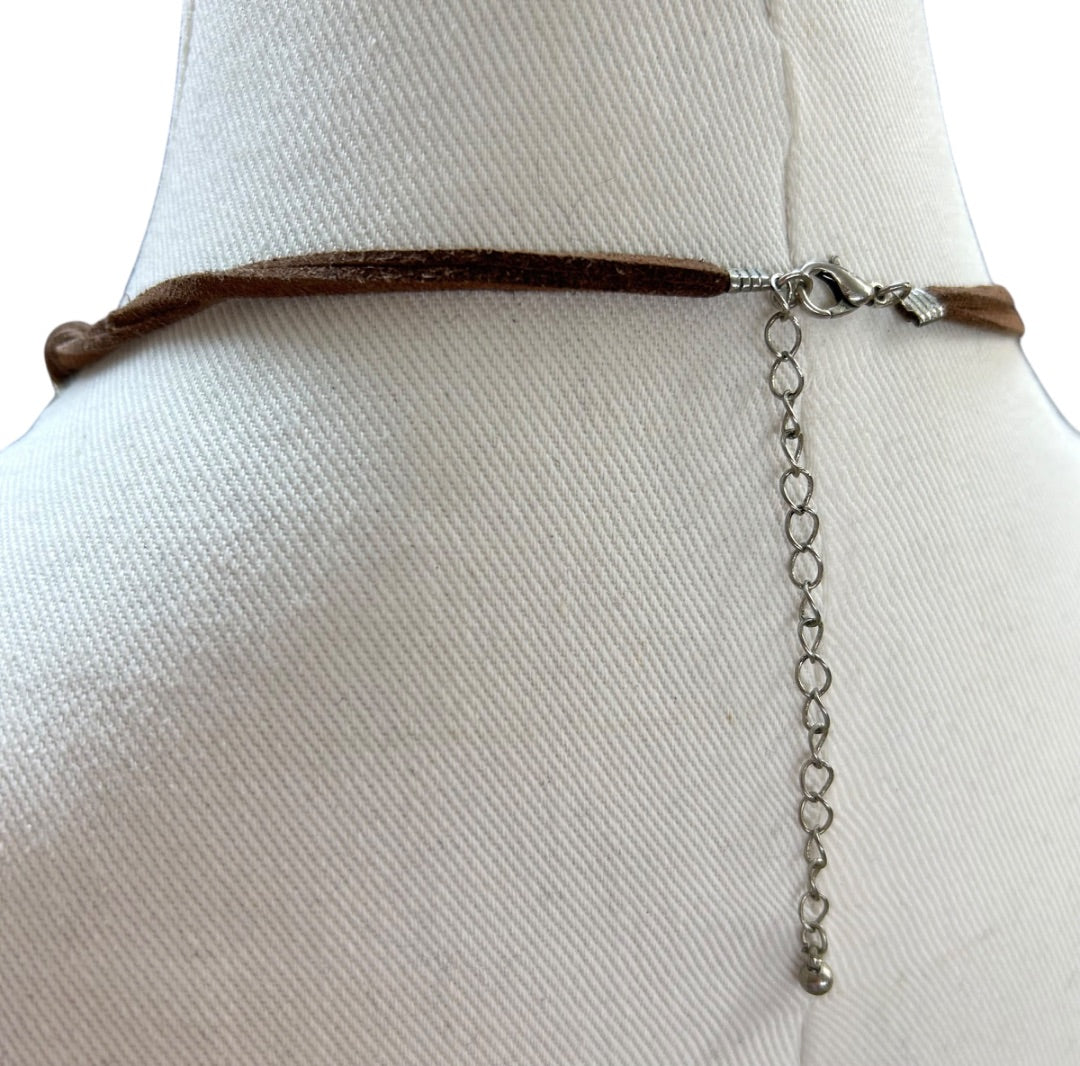 Cord and Metal Southwestern Style Necklace 15.5-18 Inch Silvertone Lobster Clasp