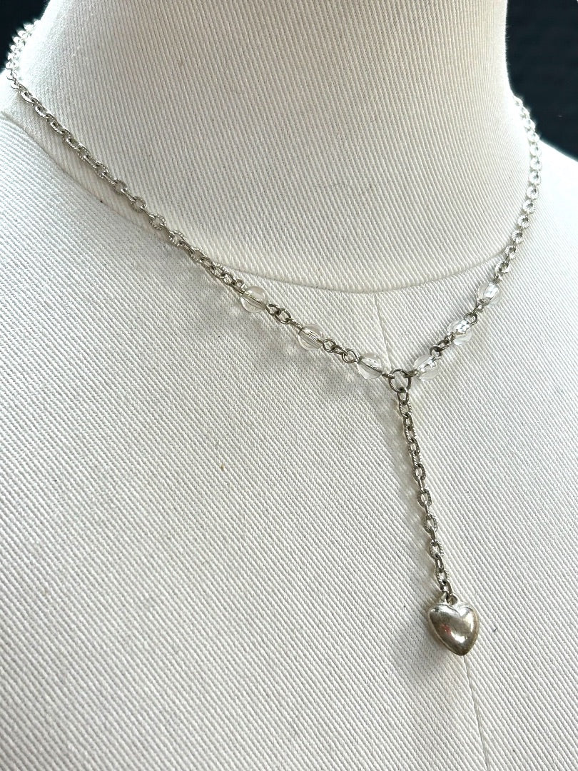 Silvertone 16 Inch Necklace 2" Drop Heart Crystals Lobster Clasp