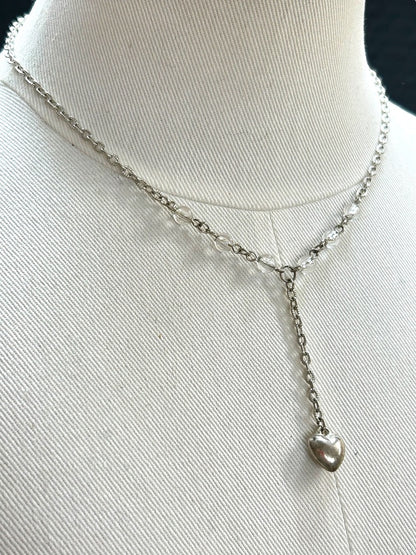 Silvertone 16 Inch Necklace 2" Drop Heart Crystals Lobster Clasp