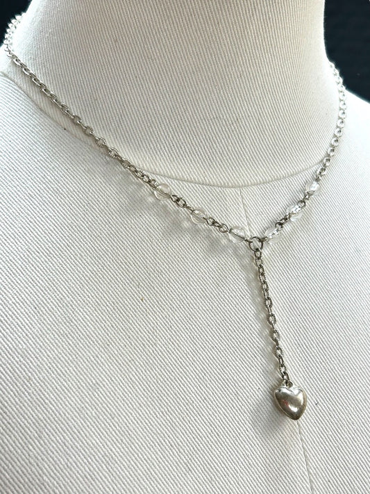 Silvertone 16 Inch Necklace 2" Drop Heart Crystals Lobster Clasp