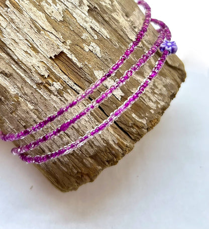 Delicate Beaded Wire Bracelet Adjustable Purple Flowers