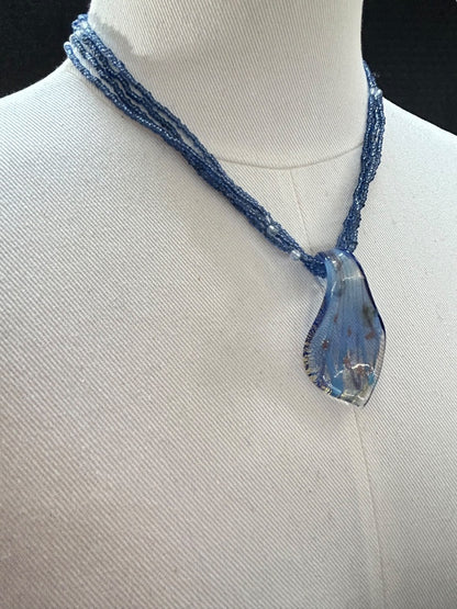 Multistrand Blue Necklace Glass Pendant 17-19 Inch Spring Clasp