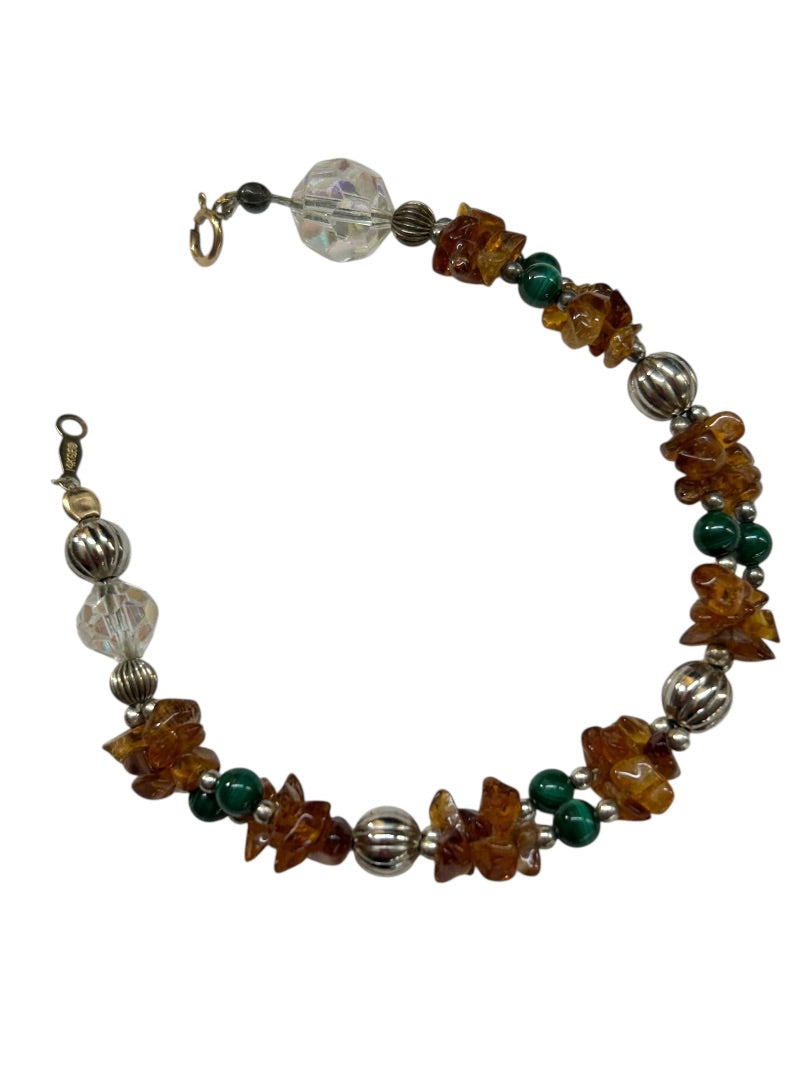 Dual Strand Beaded Braclelet 14K Gold Filled Amber Green 6.75" Spring Clasp