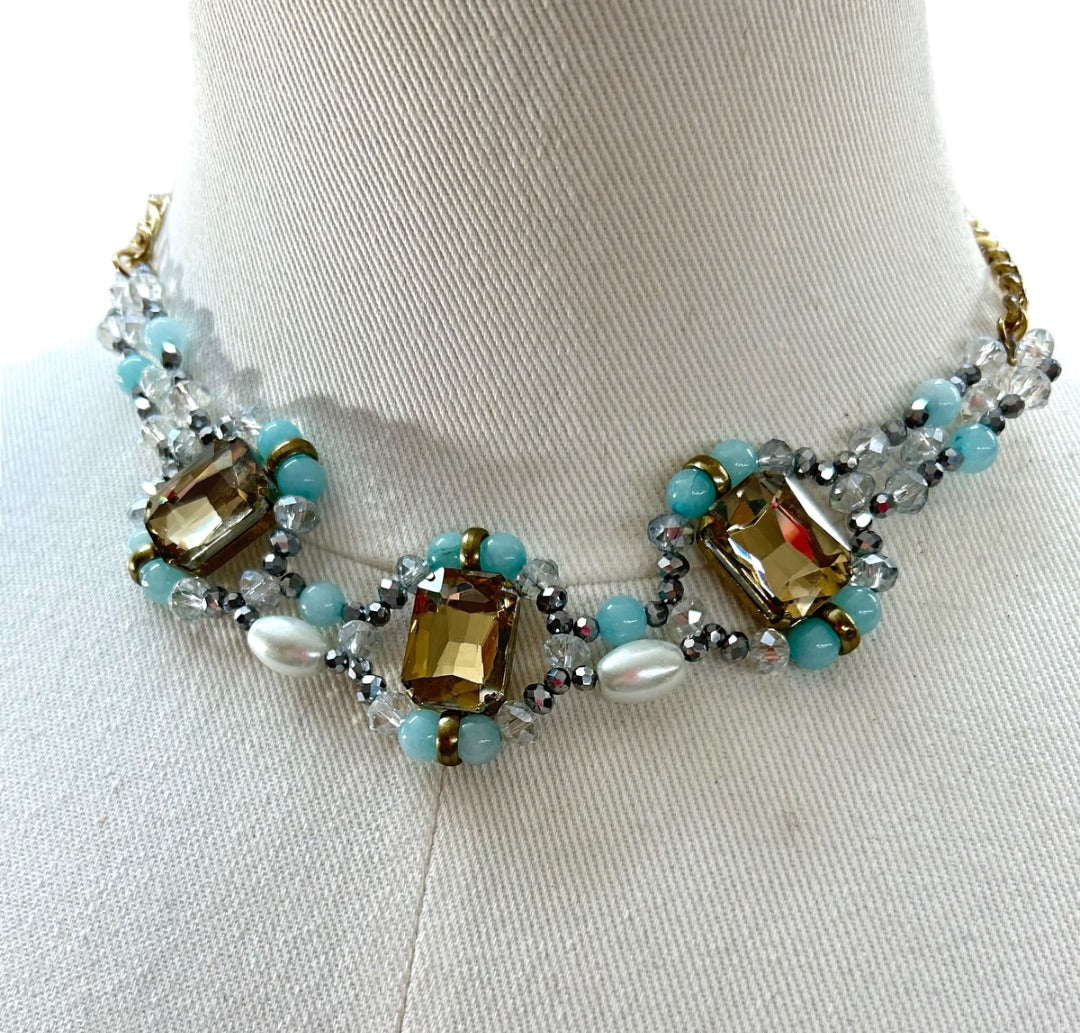 Goldtone Blue Statement Necklace 16-18 Inch Lobster Clasp Faux Pearl