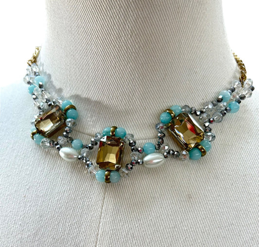 Goldtone Blue Statement Necklace 16-18 Inch Lobster Clasp Faux Pearl