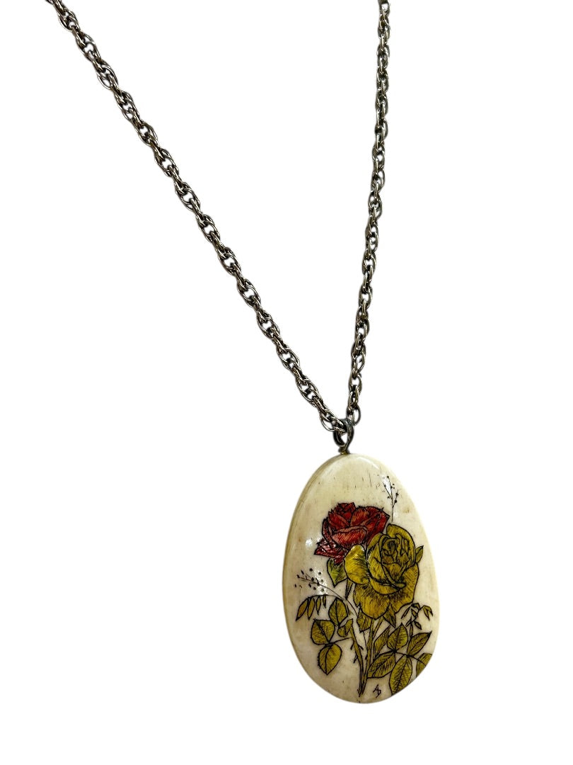 Vintage Silvertone Pendant Necklace Rose Yellow Red 23 Inch Spring Clasp