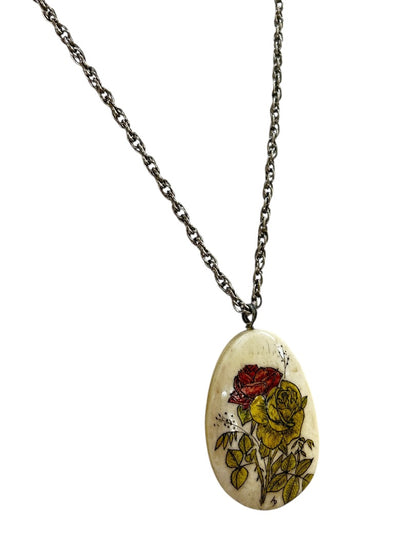 Vintage Silvertone Pendant Necklace Rose Yellow Red 23 Inch Spring Clasp