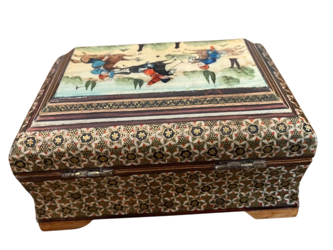 Vintage Khatam Persian Wooden Turkish Trinket Box Hinged Hand Painted