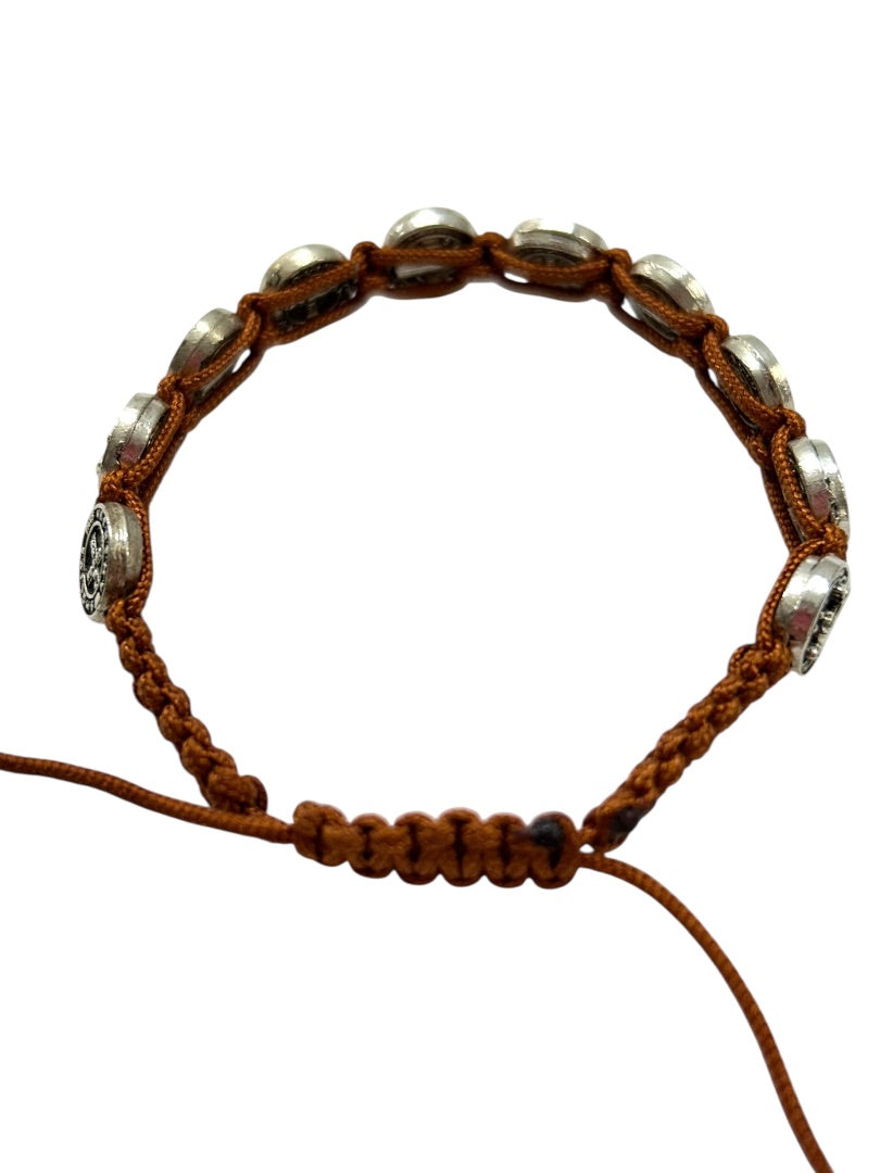 Brown St Saint Benedict Medal Silvertone 8" Adjustable Cord Bracelet