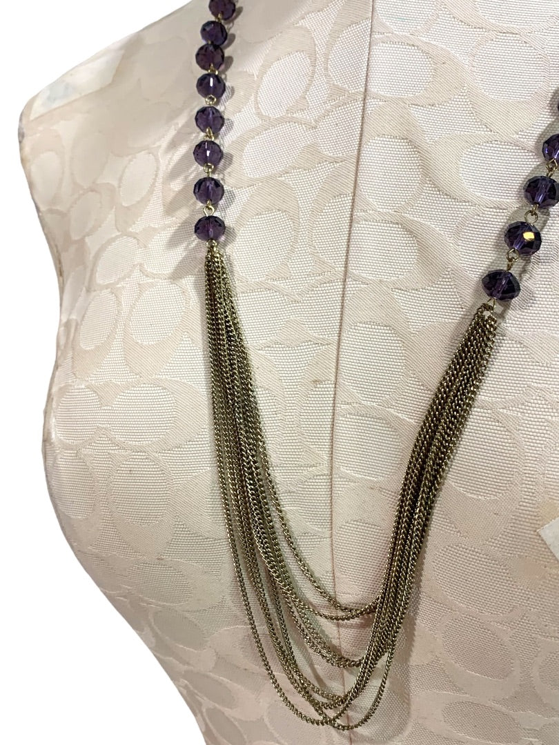 Goldtone Purple Beaded Tiered Necklace Long 32 Inch 5" Drop
