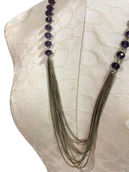 Goldtone Purple Beaded Tiered Necklace Long 32 Inch 5" Drop
