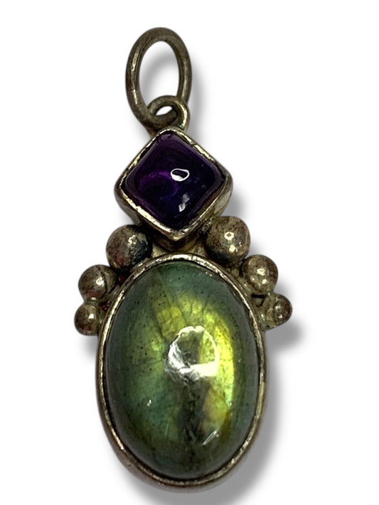 Vintage Pendant Silvertone and Green Purple 1.25 Inch Drop