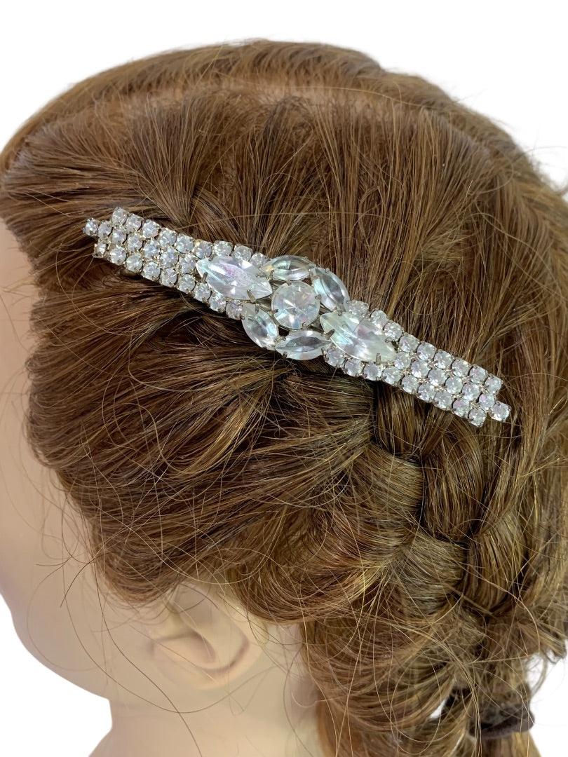 Ornate Rhinestone Barrette 3.5 Inch Vintage Hair Accessory Silvertone
