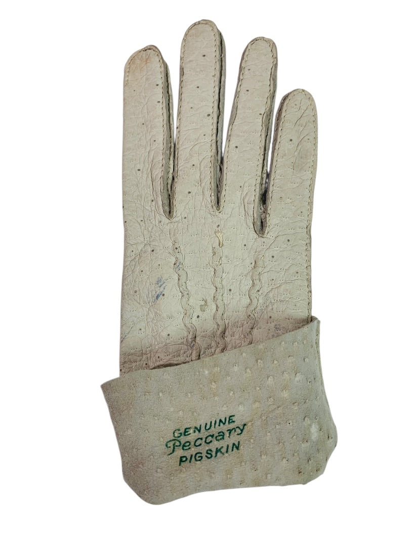 Size 6.5 Vintage Genuine Peccary Pigskin Leather Gloves Off White