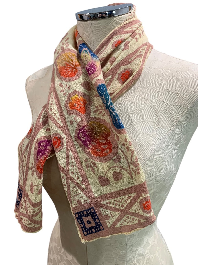 Vintage Linen Blend Boho Scarf Leaf Print 40 x 10 Inch