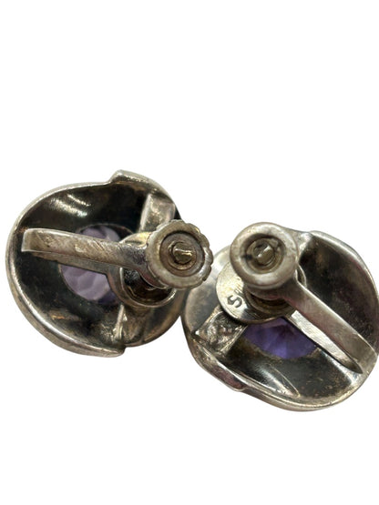 Vintage Silvertone Amethyst Screwback Non-Pierced Earrings .75"