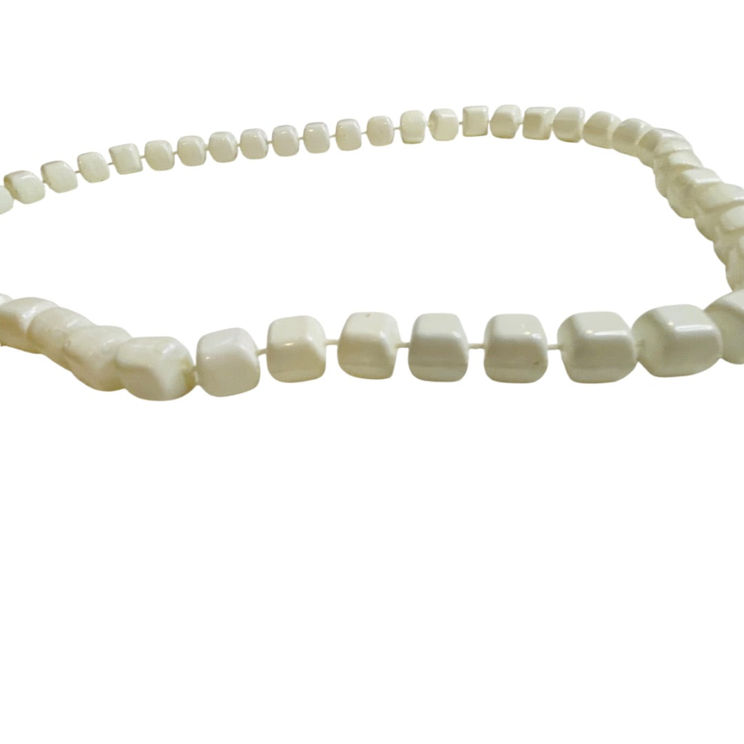 Vintage White Square Beaded Necklace 24 Inch Spring Clasp