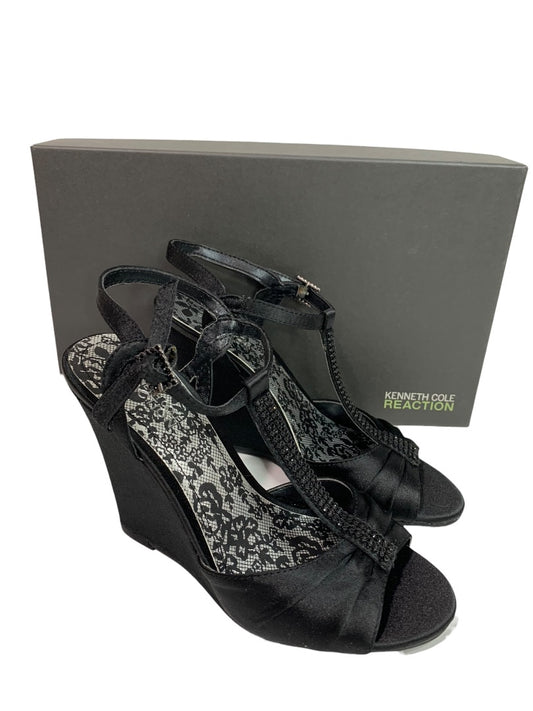 Size 6 Kenneth Cole Reaction Black Satin Embellished 4" Wedge Heel Shoes