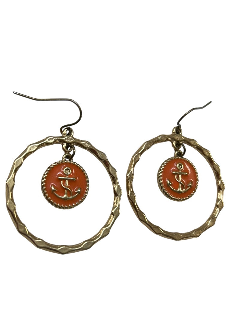 Goldtone Fishhook Pierced Earrings Nautical Anchor Enameled. 1.75" Drop