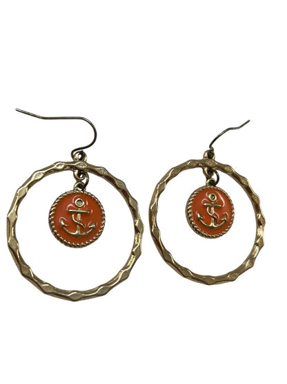 Goldtone Fishhook Pierced Earrings Nautical Anchor Enameled. 1.75" Drop