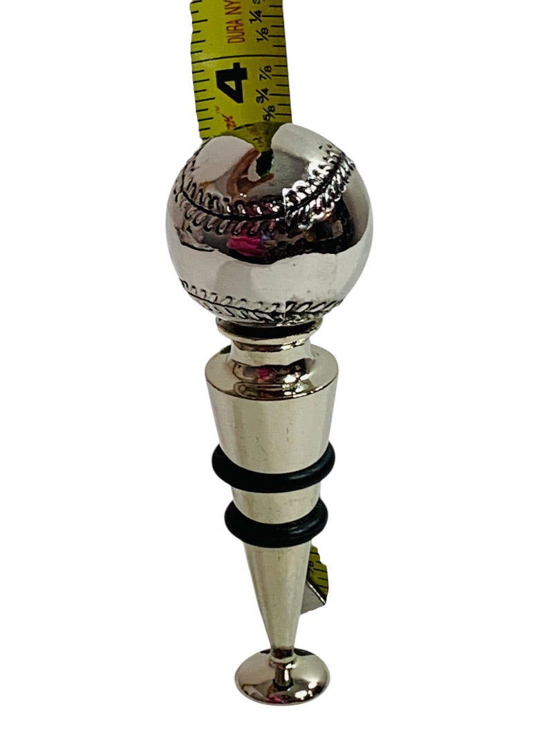 Silvertone Bottle Stopper Metal Baseball Theme 4" Rubber