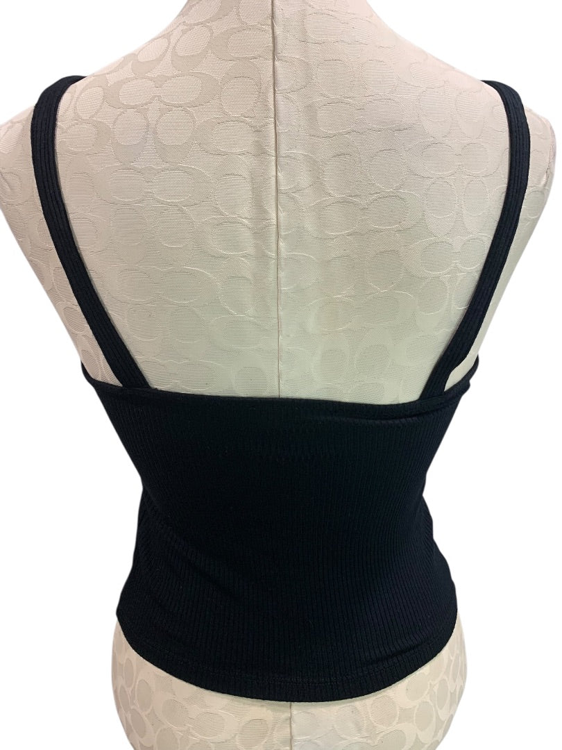 Large Forever 21 Crop Tank Top Shirt Womens Black Ribbed Tie Front