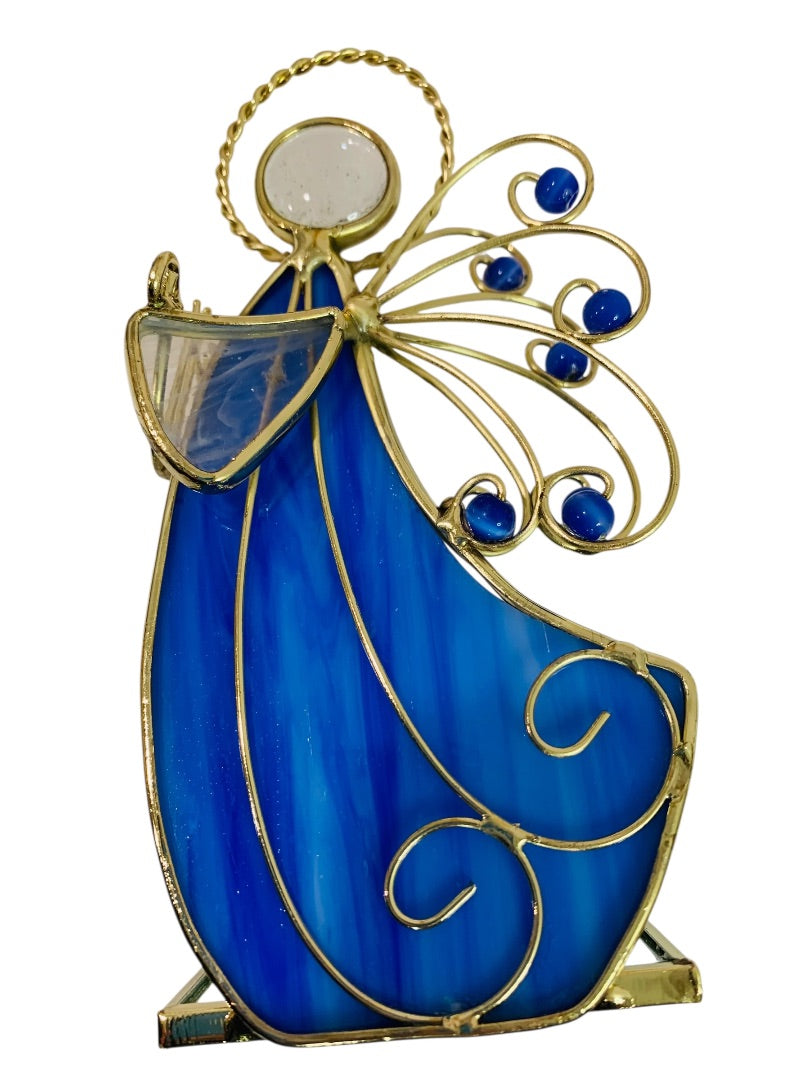 Vintage Tabletop Stained Glass Angels Goldtone Blue Green
