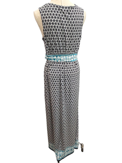 Medium Max Studio Sleeveless Print Maxi Dress V-Neck Navy Blue Teal V-Neck