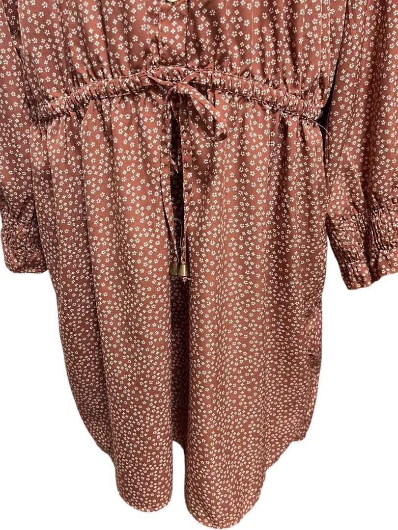 3X Indulge Floral Long Sleeve Tie Waist  Dress Brown Retro