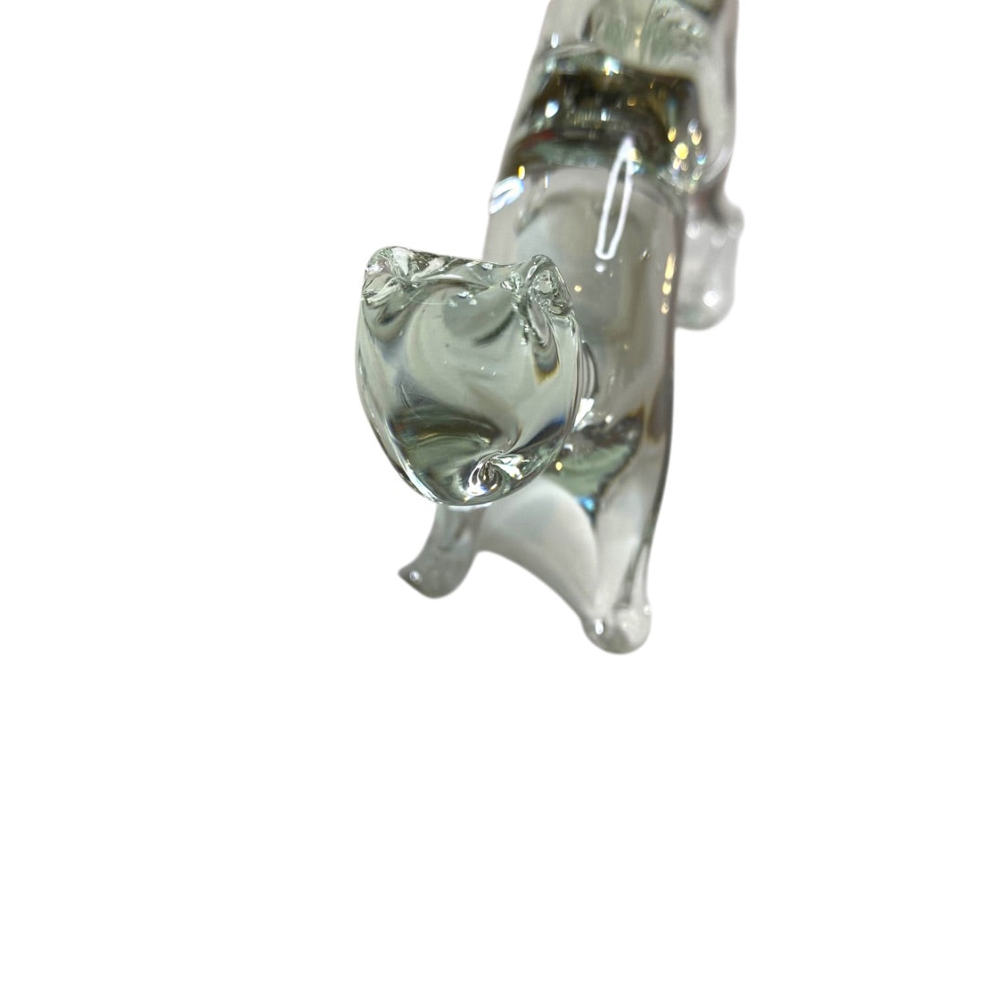 Handblown Glass Clear Cat Stretching 3.5"h x 4.25"l