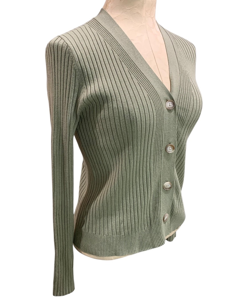 Small Petite Loft Womens V-Neck Sweater Cardigan Sage Green Ribbed