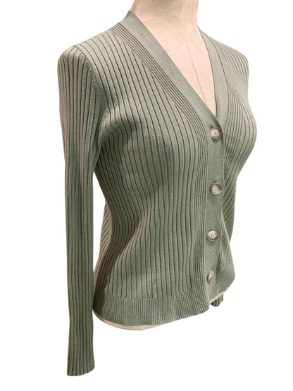 Small Petite Loft Womens V-Neck Sweater Cardigan Sage Green Ribbed