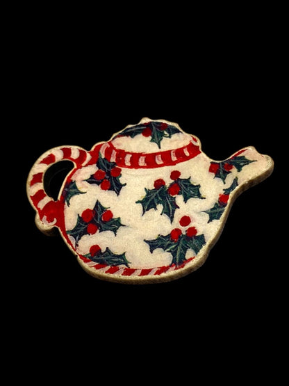 Wooden Teapot Pin Brooch Holiday Holly Christmas 1.75"