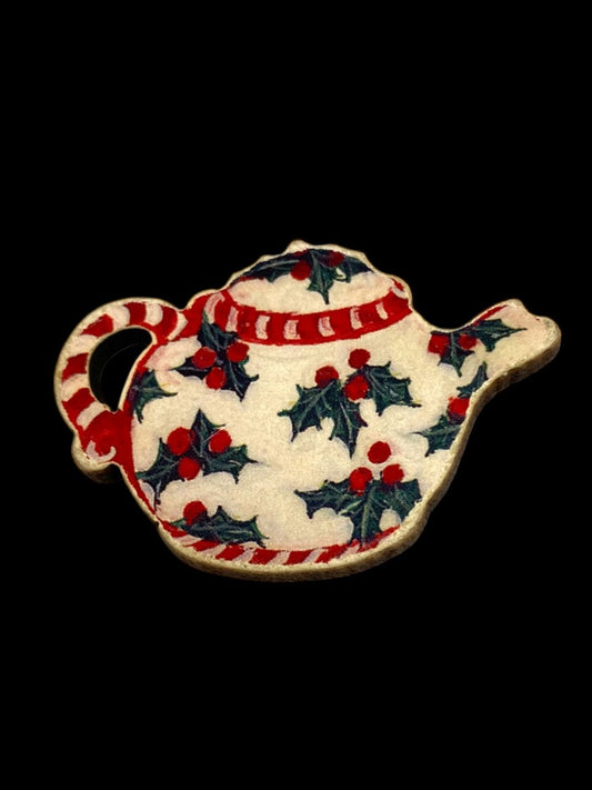 Wooden Teapot Pin Brooch Holiday Holly Christmas 1.75"