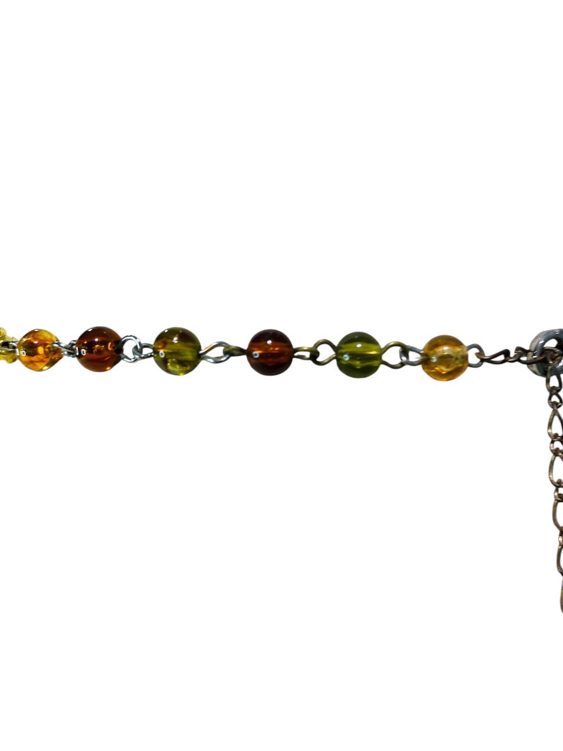 Beaded Silvertone Necklace 20" Amber Green Purple 21" with 2" Drop