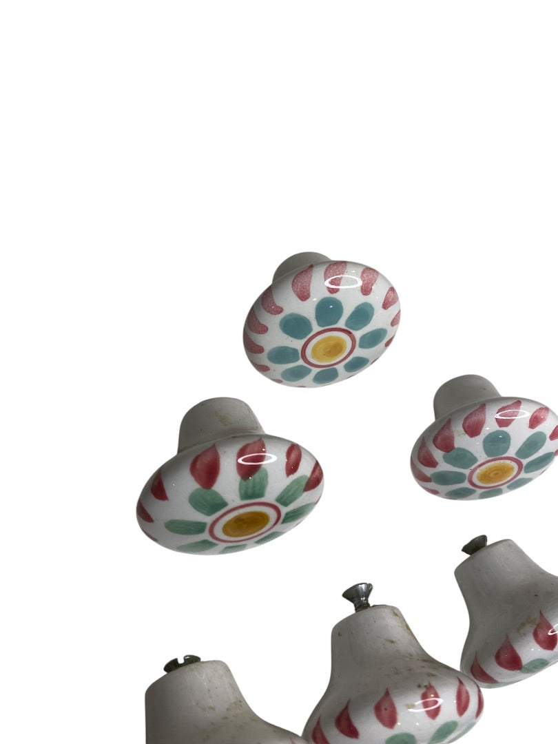 Set of 7 Ceramic Handpainted Drawer Knob Pulls Floral 39mm 1.5"