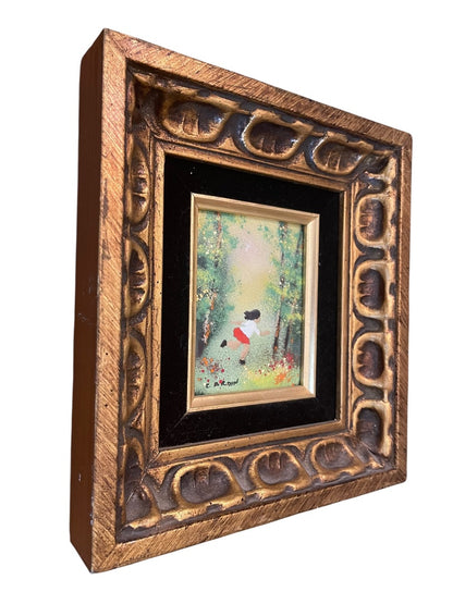 Vintage Louis Cardin Original Enamel on Copper Painting Girl Running 10" x 9"